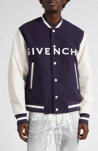 Shop Givenchy Embroidered Logo Mixed Media Leather & Wool Blend Varsity Jacket In Navy/ White