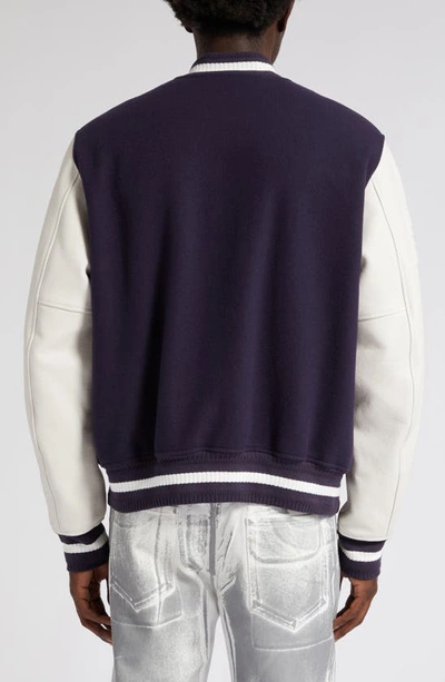 Shop Givenchy Embroidered Logo Mixed Media Leather & Wool Blend Varsity Jacket In Navy/ White