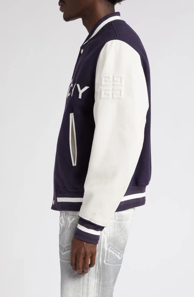 Shop Givenchy Embroidered Logo Mixed Media Leather & Wool Blend Varsity Jacket In Navy/ White