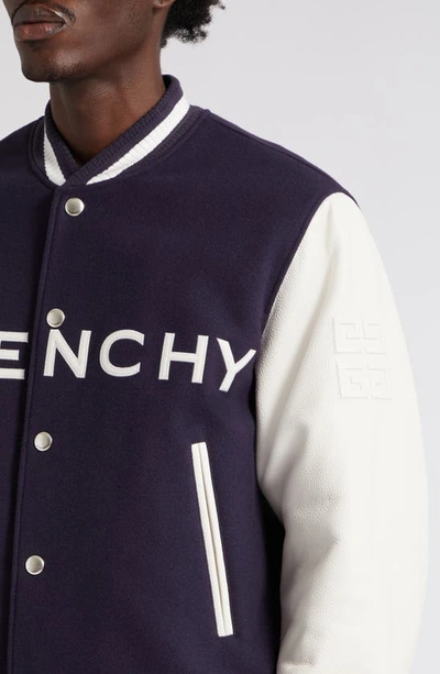 Shop Givenchy Embroidered Logo Mixed Media Leather & Wool Blend Varsity Jacket In Navy/ White