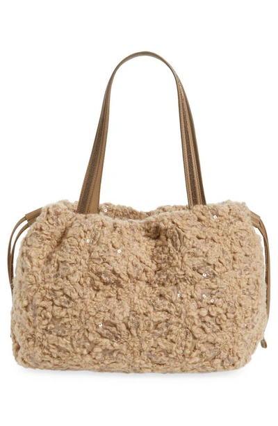 Shop Brunello Cucinelli Embroidered Wool Blend Bouclé Tote In C9010 Camel