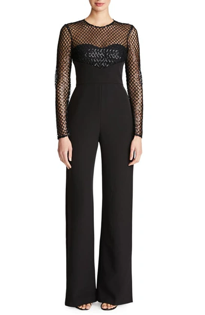 Shop Halston Jac Sequin Illusion Neck Crepe Jumpsuit In Black