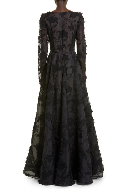 Shop Jason Wu Collection Floral Embroidery Long Sleeve Silk Organza A-line Gown In Black