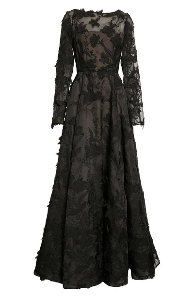 Shop Jason Wu Collection Floral Embroidery Long Sleeve Silk Organza A-line Gown In Black