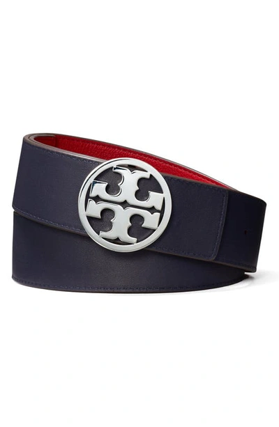 Shop Tory Burch Miller Reversible Logo Belt In Tory Red / Tory Navy / Silver