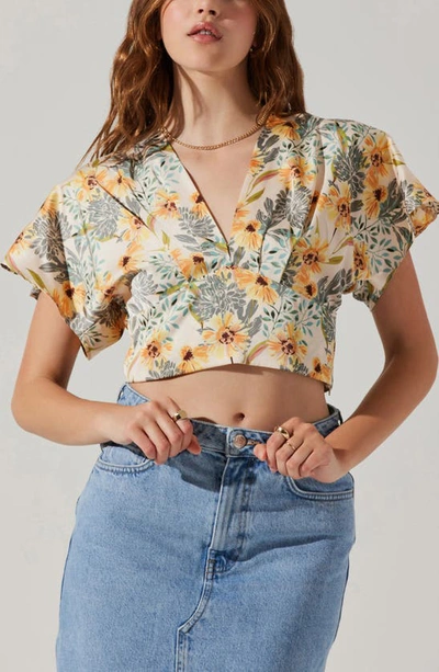 Shop Astr Tie Back Crop Satin Blouse In Cream Yellow Floral