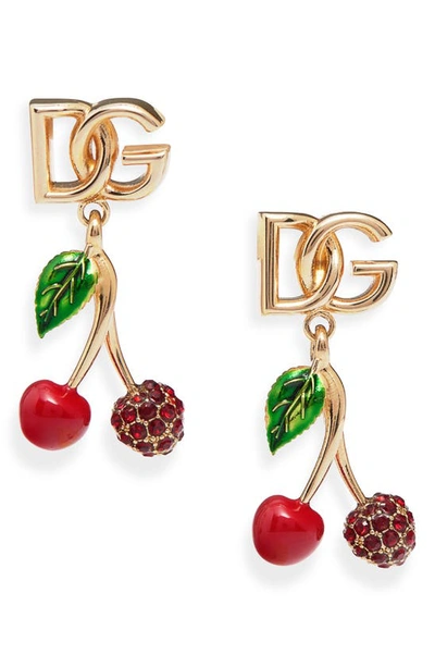 Shop Dolce & Gabbana Cherry Charm Drop Earrings In Gold