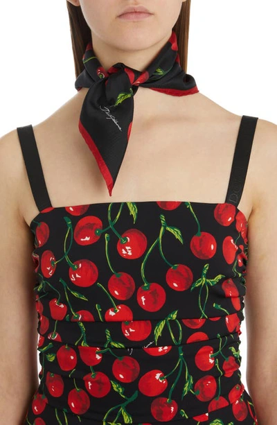 Shop Dolce & Gabbana Cherry Print Silk Square Scarf In Black Print