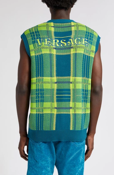 Shop Versace Tartan Plaid Cotton Sweater Vest In 2va90-teal Green