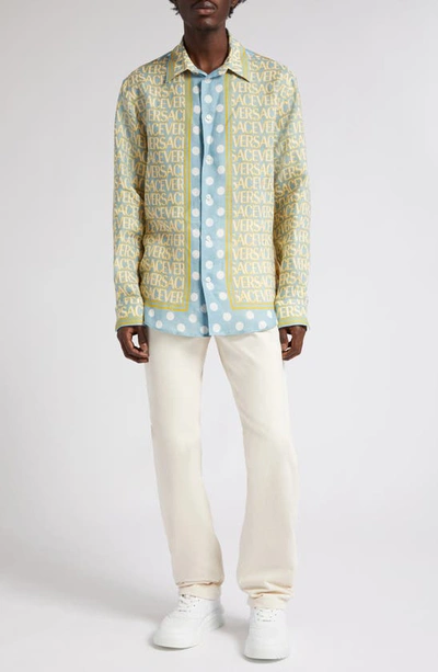 Shop Versace Polka Dot Allover Logo Linen Button-up Shirt In 5v510-light Blue Ivory