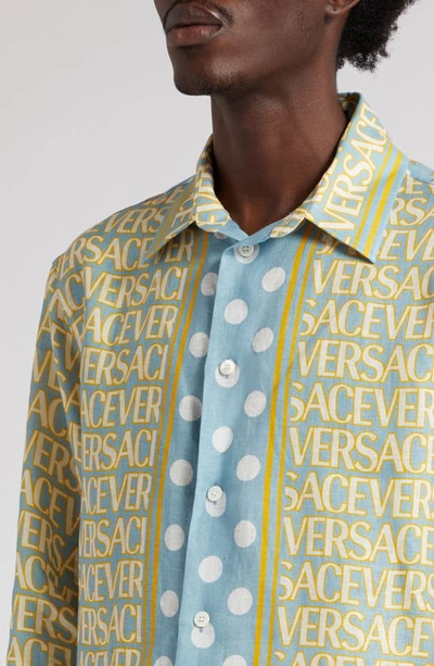 Shop Versace Polka Dot Allover Logo Linen Button-up Shirt In 5v510-light Blue Ivory