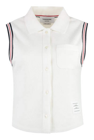 Shop Thom Browne Logo Patch Sleeveless Polo Shirt In White