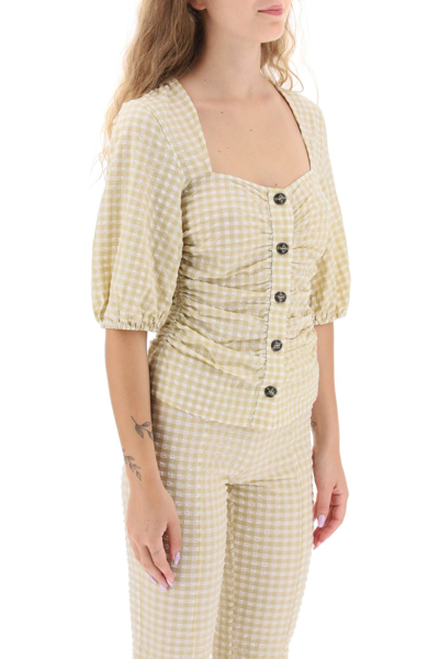 Shop Ganni Gathered Blouse With Gingham Motif In Pale Khaki (white)