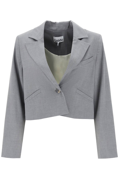 Shop Ganni Cropped Single-breasted Jacket In Paloma Melange (grey)