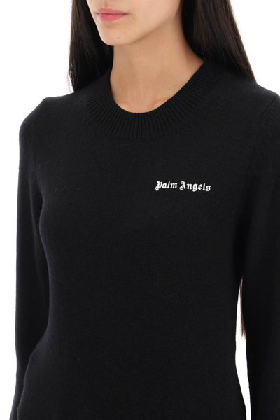 Shop Palm Angels Cropped Sweater With Logo Embroidery In Black Off White (black)