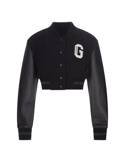 Shop Givenchy Black  College Short Bomber Jacket In Wool And Leather In Nero