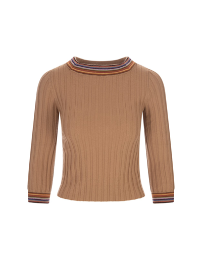 Shop Etro Beige Sweater With Striped Neckline In Marrone