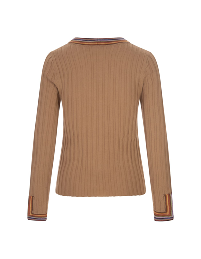 Shop Etro Beige Ribbed Cardigan With Stripes In Marrone
