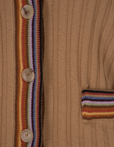Shop Etro Beige Ribbed Cardigan With Stripes In Marrone