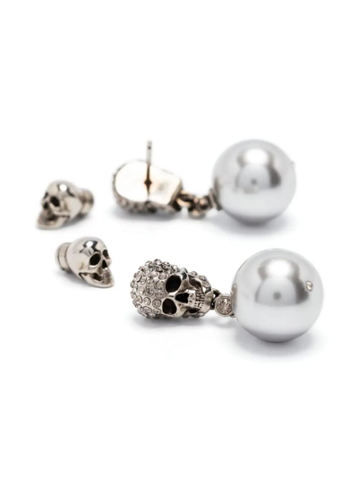 Shop Alexander Mcqueen Pearl Skull Earrings In Antiqued Silver In Argento