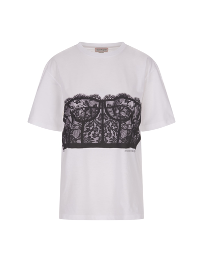 Shop Alexander Mcqueen Lace Corset T-shirt In White In Bianco
