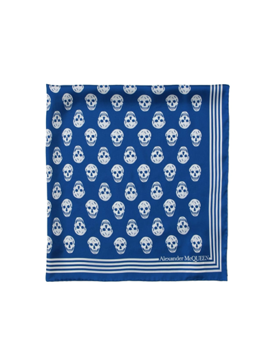 Shop Alexander Mcqueen Royal Blue Silk Scarf With Skull Motif