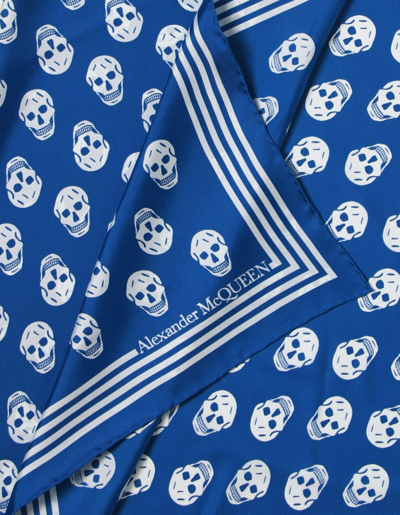 Shop Alexander Mcqueen Royal Blue Silk Scarf With Skull Motif