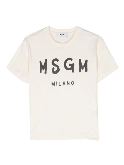 Shop Msgm Cream T-shirt With Brushed Logo In Bianco