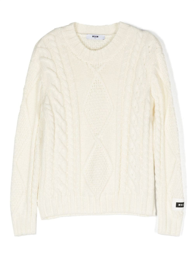 Shop Msgm Cream Cable Knit Pullover In Bianco