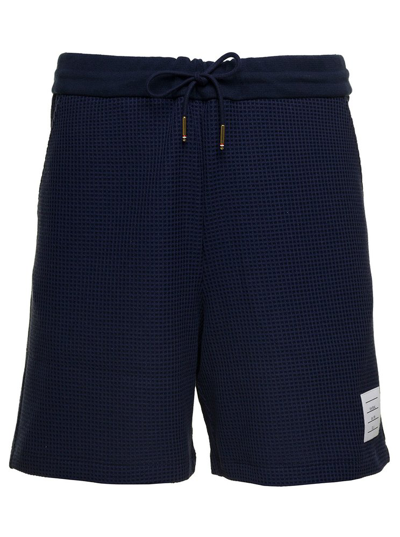 Shop Thom Browne Drawstring Logo Patch Shorts In Navy