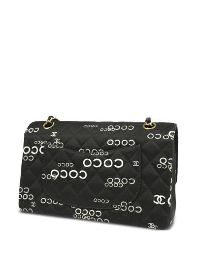 Pre-owned Chanel 2002 Coco-print Double Flap Shoulder Bag In Black