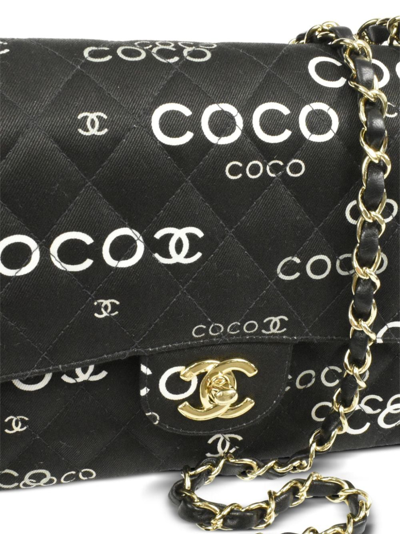 Pre-owned Chanel 2002 Coco-print Double Flap Shoulder Bag In Black