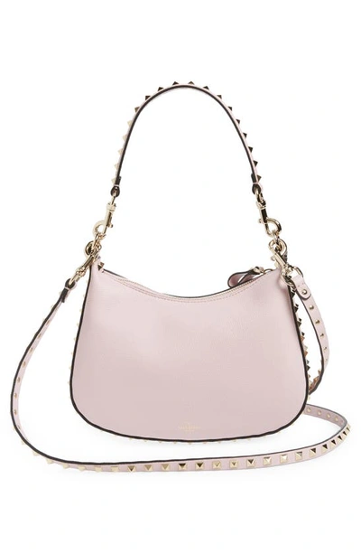 Shop Valentino Small Rockstud Leather Hobo Bag In Water Lilac