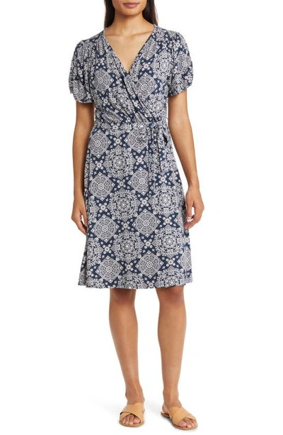 Shop Loveappella Short Sleeve Faux Wrap Dress In Navy/ Ivory