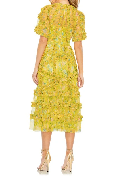 Shop Mac Duggal Floral Flutter Sleeve Ruffle Mesh A-line Dress In Yellow Multi