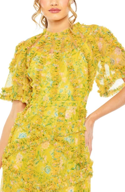 Shop Mac Duggal Floral Flutter Sleeve Ruffle Mesh A-line Dress In Yellow Multi