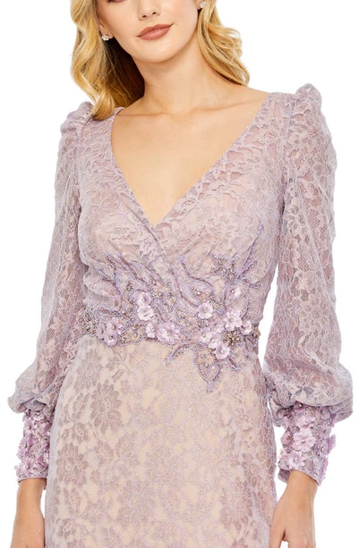 Shop Mac Duggal Beaded Detail Lace Long Sleeve Gown In Vintage Lilac