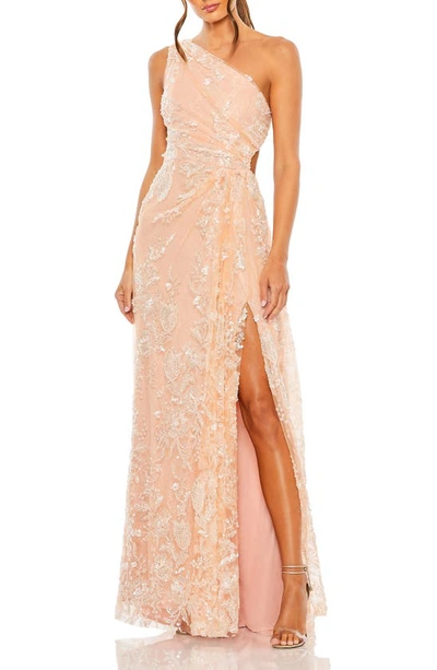 Shop Mac Duggal Sequin Embellished One-shoulder Gown In Peach