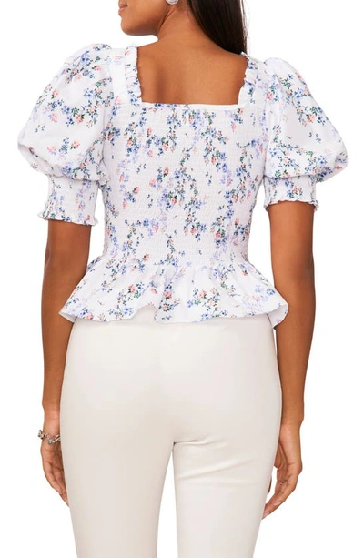 Shop Chaus Puff Sleeve Smocked Peplum Top In White/ Pink/ Blue