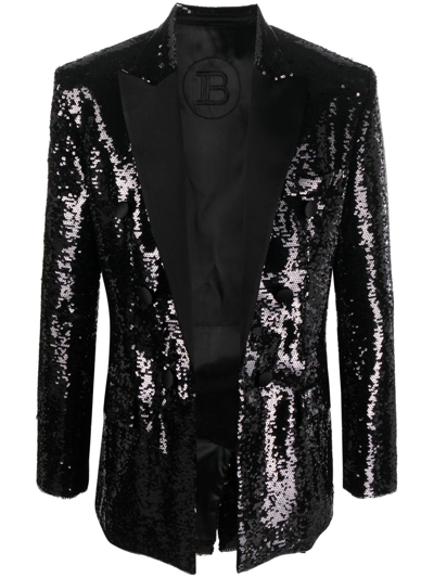 Shop Balmain Sequinned Double-breasted Blazer In Black