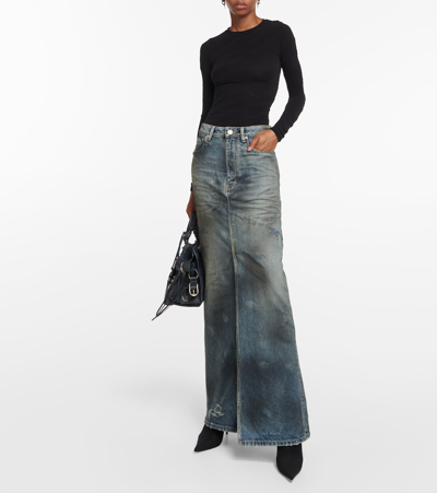 Balenciaga Dark Blue Maxi Skirt With Crinkled Effect With Logo Patch In Cotton Denim Woman In Blue