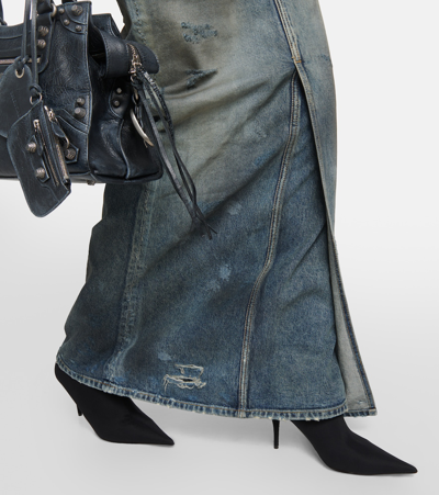 Balenciaga Dark Blue Maxi Skirt With Crinkled Effect With Logo Patch In Cotton Denim Woman In Blue