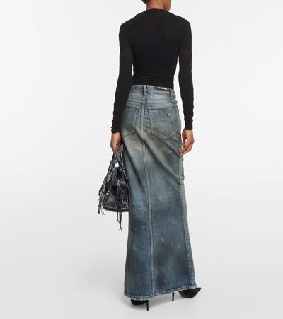 Balenciaga Dark Blue Maxi Skirt With Crinkled Effect With Logo Patch In Cotton Denim Woman In Blue