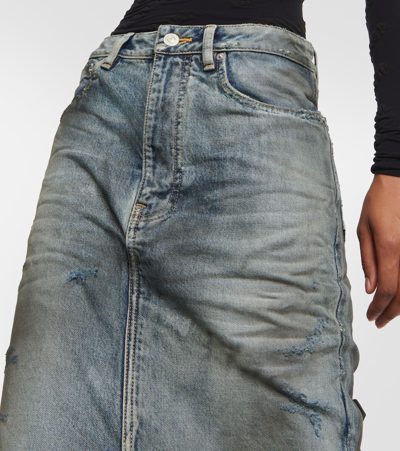 Balenciaga Dark Blue Maxi Skirt With Crinkled Effect With Logo Patch In Cotton Denim Woman In Blue