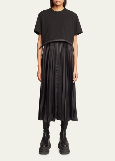 Shop Sacai T-shirt Top Pleated Short-sleeve Midi Dress In Black