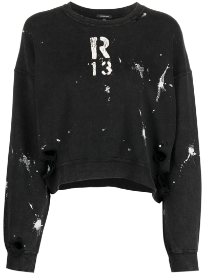 Shop R13 Paint Splatter-print Cropped Sweatshirt In Black