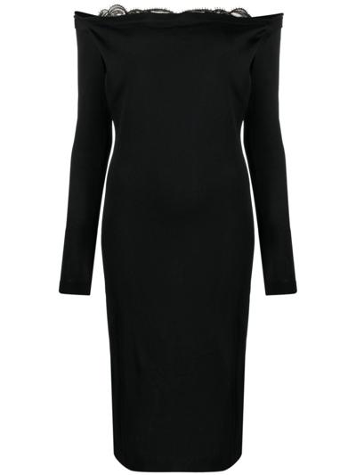 Shop Alberta Ferretti Lace-trim Off-shoulder Midi Dress In Black