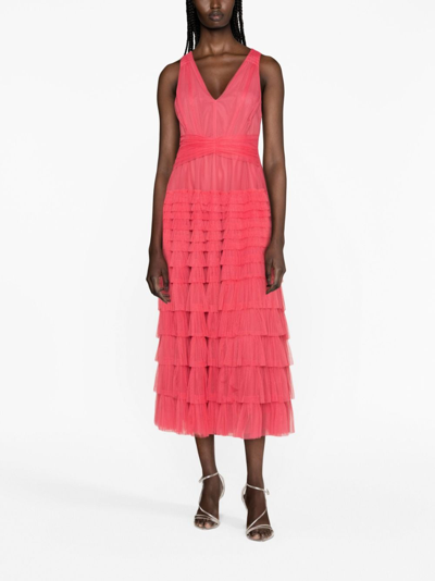 Shop Twinset Ruffled Tulle Midi Dress In Pink