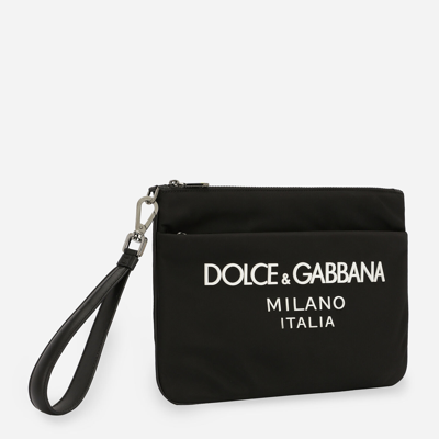 Dolce & Gabbana Black Pouch With Contrasting Rubberized Logo In Nylon In Black