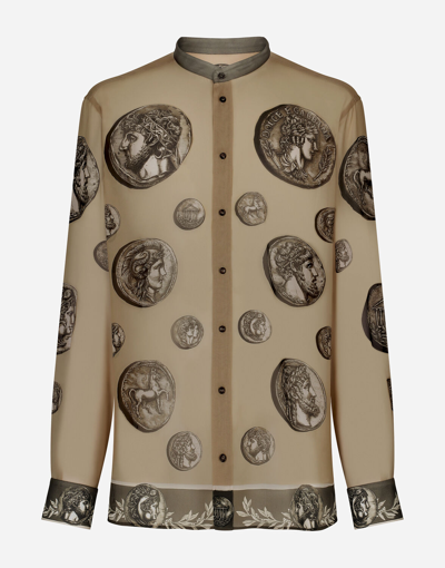 Shop Dolce & Gabbana Coin Print Silk Georgette Shirt In Beige